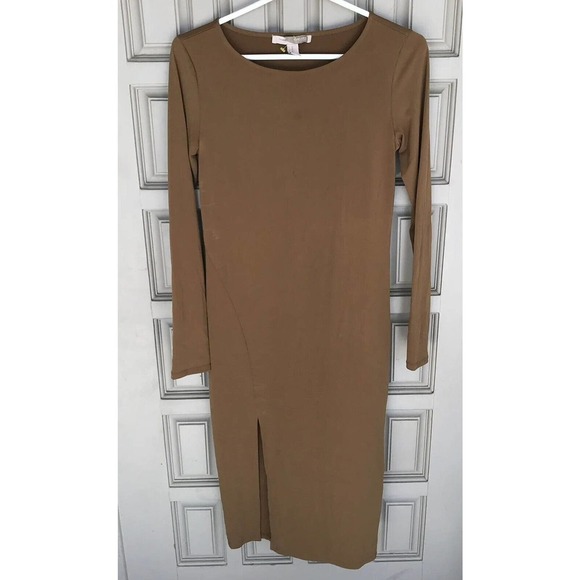 Forever 21 Sheath Dress SzM Tan Spandex Long Sleeves Slit Side Midi Pre-Owned - Picture 1 of 10